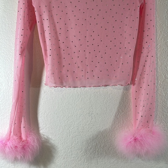 BEAR DANCE Long Sleeve Fur Trim Rhinestone Mesh Top Size Medium New - Picture 4 of 11
